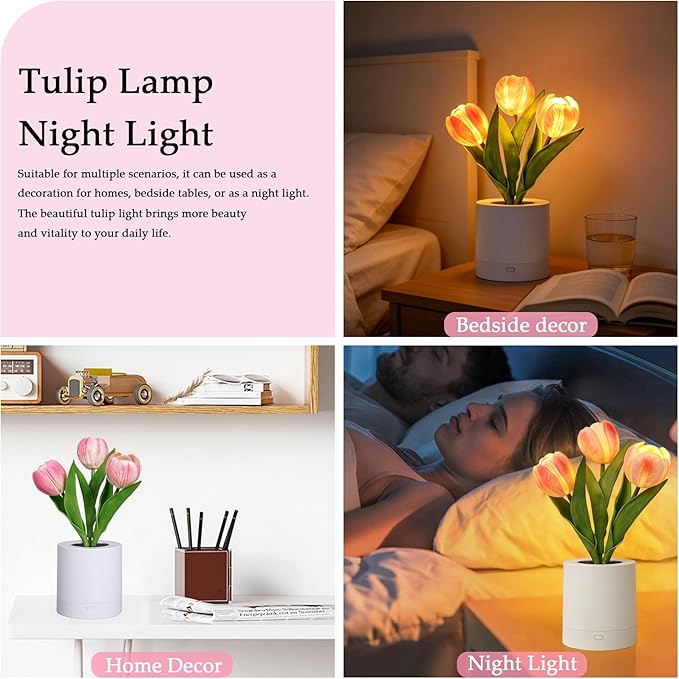 Lifnatty Tulips Flower Lamp for Women, Mothers Day Birthday Presents for Mom, Wife, Girlfriend - Rechargeable Dimmable Flower Table Lamp Decor, Cute Tulip Night Light for Women Birthday Christmas
