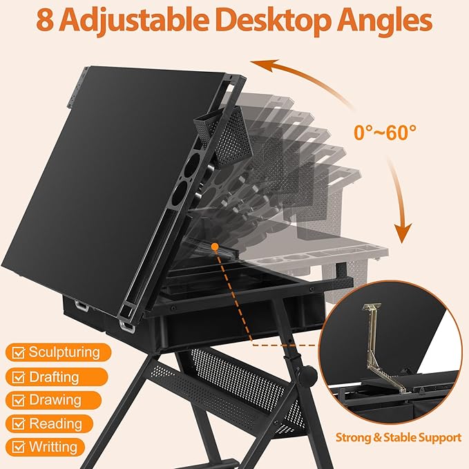 Drafting Table Drawing Desk w/Power Outlet, Art&Craft Work Station Height Adjustable Tilting Tabletop Craft Table Desk w/Stool and 2 Storage Drawers for Home Office, Black