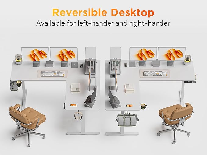 WALKINGDESK 75x61 Inches Reversible L Shaped Standing Desk Height Adjustable with Cup Holder, Electric Corner Computer Workstation for Home Office, Ergonomic Sit Stand up Gaming Desk, White