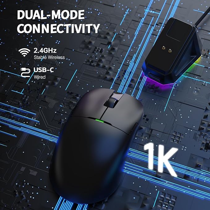 Ajazz AJ159 Dual Mode 2.4G/USB-C 56g Lightweight Gaming/Office Mouse with PAW3395 Sensor, 5 Programmable Buttons Up to 26KDPI with Magnetic Charging Dock for PC/Laptop/Win/Mac (Black)