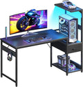 Casaottima 48 Inch Gaming Desk with Storage & LED Lights, Reversible Computer Desk with Display Shelves & Fabric Drawer, Modern Gamer Desk Table with Side Headphone Hook, Carbon Fiber Black