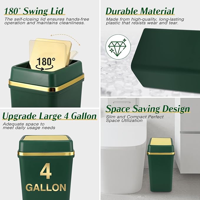 Bathroom Trash Can with Lid 4 Gallon Trash Can with Swing Lid Dark Green Small Garbage Can Bathroom Garbage Can with 300 Counts Trash Bags for Kitchen Bedroom Office