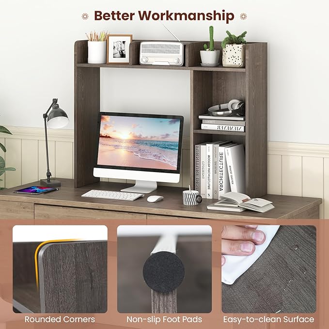 Desktop Bookshelf, 3-Tier Desk Hutch Shelf with 5 Display Rack for Computer Desk, Desk Organizer Shelves for Top of Desk, Dorm, Home, Office (Grey)