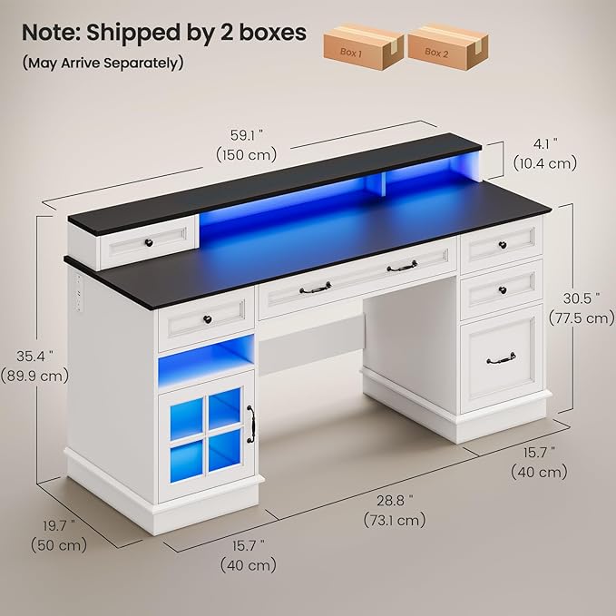 HAUOMS Farmhouse Executive Desk with Drawers Computer Desk with File Drawers, Power Outlet and Led Lights, Executive Office Desk with Storage Cabinet and Monitor Shelf for Home Office, White