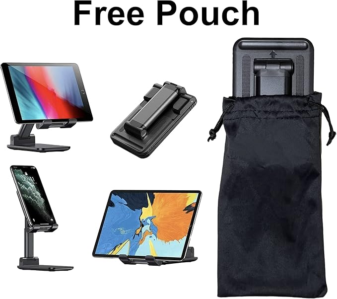 Cell Phone Tablet Stand Mount Fully Foldable Dock Holder Cradle Charger Station Desk Room Office School Kitchen Travel Portable Adjustable Multi-Angle Non-Slip Durable Stable (Black)