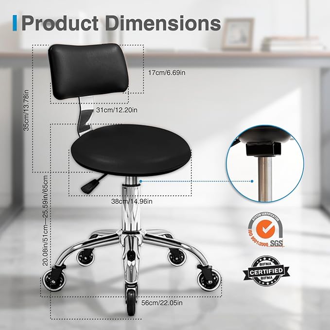Rolling Stool Chair with Wheels, Office Drafting Chair with Back Support, Height Adjustable Standing Desk Stool with PU Leather Cushion for Home Office Kitchen Vanity Spa Garage Tattoo Dentist(Black)