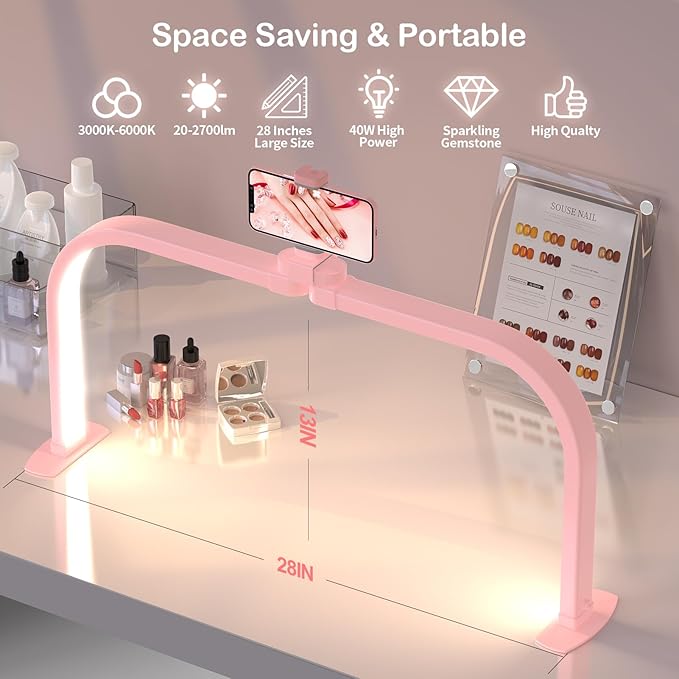 Upgrade Large Half Moon Light for Nail Desk with Phone Holder for Nail Lamp, Foldable Arch Moon Light Tech Perfect for Professional Manicure (Pink, Large)