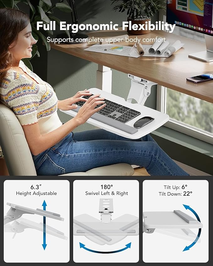 HUANUO Keyboard Tray Under Desk, 360 Adjustable Ergonomic Sliding Keyboard & Mouse Tray, Under Desk Keyboard Tray Slide Out, Keyboard Holder Under Desk for Typing in Home, Office Work, 25"W x 9.84"D