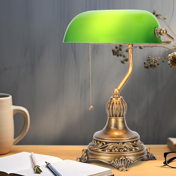 NISSAFORS Bankers Lamp with Pull Switch, Green Glass Desk Lamp with Retro Black/Gold Finish, Vintage Table Lamps for Living Room, Library, Piano(Green)