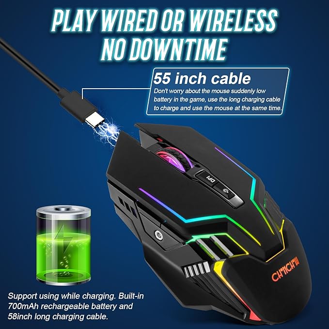 CHONCHOW Wireless Gaming Mouse for PC, RGB Backlit, 12 Light Modes, 2.4G Receiver/USB-C, Up to 3200 DPI, Rechargeable Wireless Computer Mice with 58inch Charge Cable for Laptop/Windows/PS4 Gamer-Black