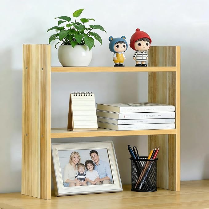Small Desk Organizer Shelf - 2 Tier Desk Top Organizer for Desktop Storage, Wooden Office Shelves, Sturdy Desktop Bookshelf Organizers for Dorm, Cubicle, Easy to Assemble