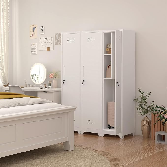 IRONFFICE Storage Cabinets with Lock,Slim Broom Closet Storage Cabinet with Doors and Shelves,Tall White Cabinet for Small Spaces,Laundry Room Cabinet for Home Office,Gym