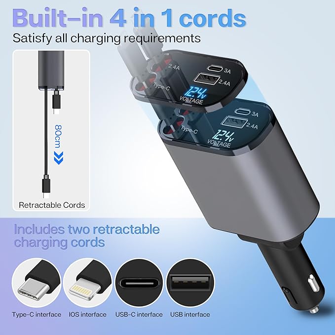 Retractable Car Charger with 100W Fast Car Charger 4 in 1 for iPhone and Type C, Retractable Cables (80cm) and 2 Charging Ports, Compatible with iPhone 15/14/13/12 Pro Max XR