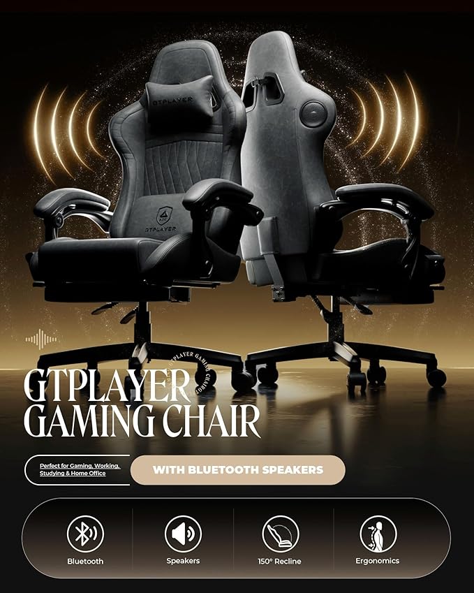 GTPLAYER Gaming Chair with Speakers, Video Game Chairs with Footrest, PC Gamer Chairs for Adults - Padded High Back Ergonomic Reclining Silla Gamer, Linkage Armrest, Ace Pro, Grey