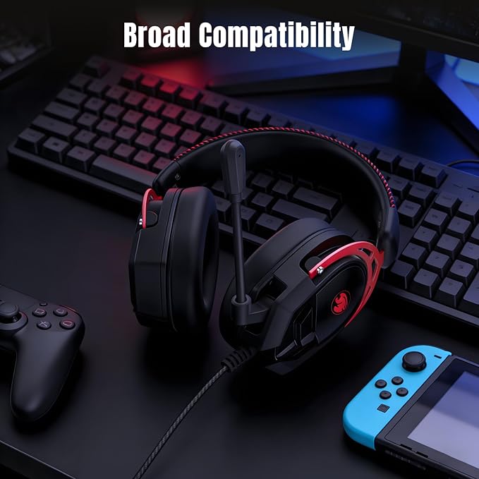 K98 Wired Gaming Headset, Durable Aluminum Frame Gaming Headset with Memory Earmuffs, 50mm Dynamic Drivers Stereo Surround Sound, Over Ear Headset for PC, PS4, PS5, Switch, Xbox One, Mac (Black)