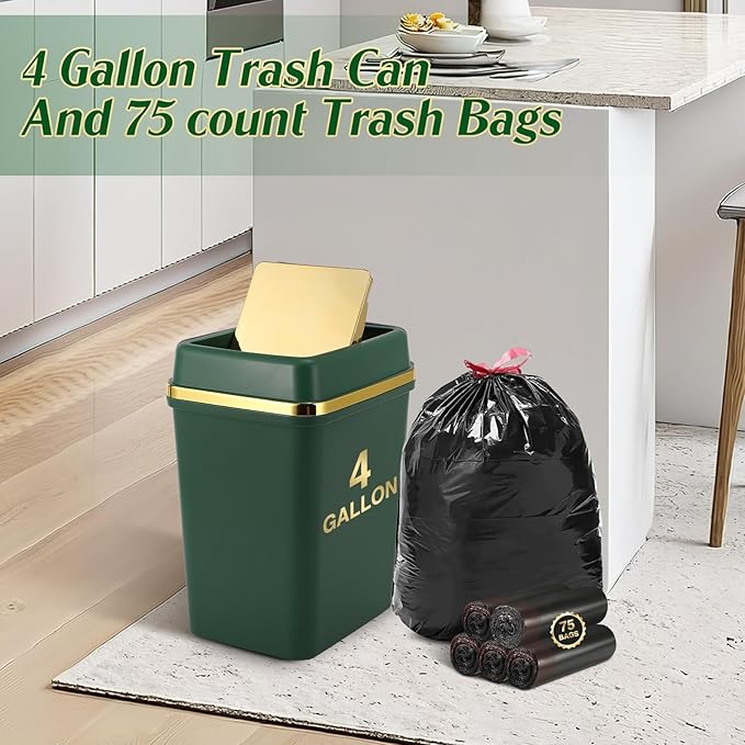 Bathroom Trash Can with Lid 4 Gallon Trash Can with Swing Lid Dark Green Small Garbage Can Bathroom Garbage Can with 300 Counts Trash Bags for Kitchen Bedroom Office
