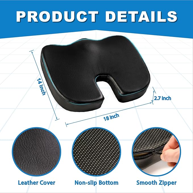 YOUFI Leather Seat Cushion for Office Chair, Ergonomic Support Memory Foam for Long Sitting, Sciatica & Tailbone Pain Relief Pillow for Desk Chair, Car Seats & Gaming Chairs