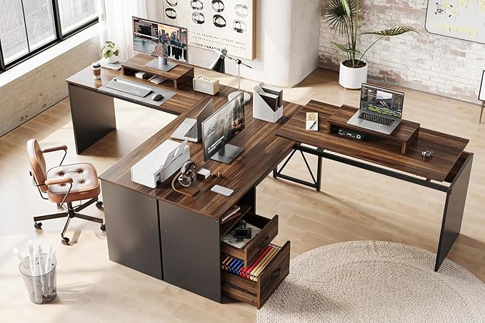 Bestier L Shaped Standing Desk with Lift Top, 55" x 55" Standing Corner Desk for Home Office, Computer Desk with Reversible File Drawer and Monitor Stand, Walnut