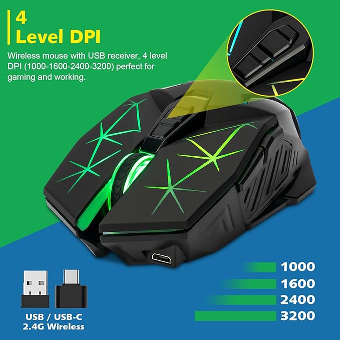 CHONCHOW Rechargeable Wireless Gaming Mouse, 7 Buttons, Up to 3200 DPI, RGB LED, USB-C, Side Buttons, 2.4G, Long Charging Cable,Compatible PC Laptop Win Mac Chromebook, Black