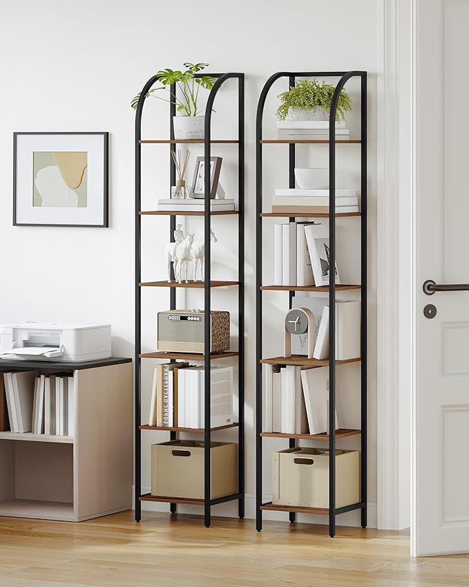 Hzuaneri Bookshelf Narrow Bookcase, Tall Storage Rack with Steel Frame, Display Standing Shelf Unit, Skinny Book Shelf for Study Living Room Home Office, Industrial Style, 6-Tier Rustic Brown BC56001B