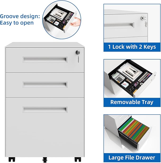 Dripex 3 Drawer White File Cabinet, Mobile Under Desk Storage File Cabinet with Lock on Wheels, Fully Assembled, Letter/Legal Size, Small Short Vertical Metal Rolling Filing Cabinets for Home Office