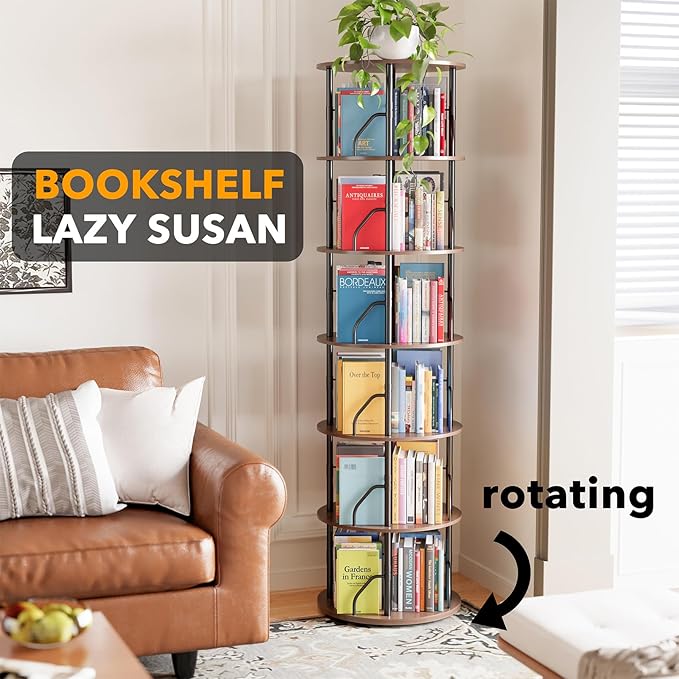SpaceAid 6 Tier Rotating Bookshelf Tower, 360 Display Stackable Spinning Bookcase, Space Saving Revolving Round Book Shelf, Floor Standing Swivel Corner Organizer, Brown Wood