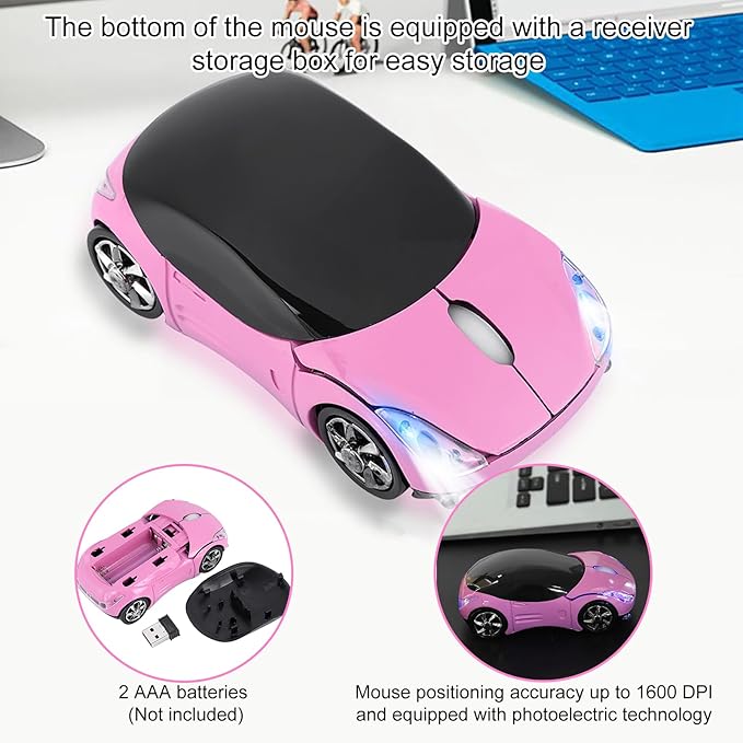 ASHATA 2.4G Car Mouse with USB Reciver 1600DPI Optical Mouse for PC Computer Laptop Tablet, High Cute Mouse for XP//Win7/ME/2000/for OS (Pink)