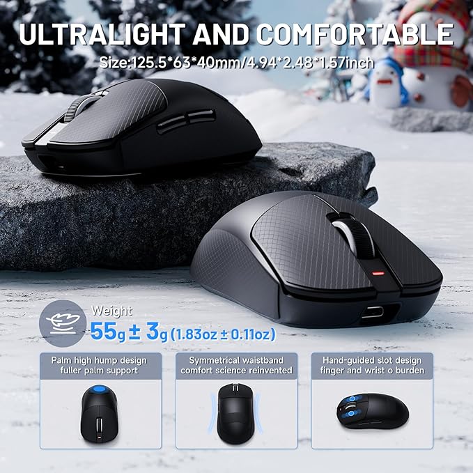 ATTACK SHARK X8ULTRA Wireless Gaming Mouse, 42000 DPI PAW3950MAX Sensor, 8000Hz Optical Nordic 52840 Tri-Mode 2.4G/BT/Wired, 55g Lightweight Big Hand Ergonomic Mouse with Coiled Cable-Black&Tape