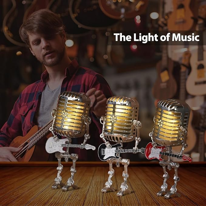 Vintage Microphone Guitar Robot Lamp, Music Gifts for Men, Cool Gifts for Music Lovers, Vintage Light Home Decor Nightstand Desk Lamp for Bedroom, Music Studio(Colorful)