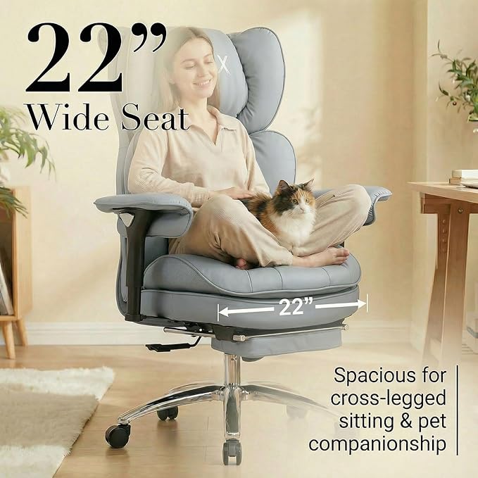 Efomao Big & Tall Executive Office Chair with Footrest - 400lbs Heavy Duty High Back PU Leather Desk Chair, Modern Ergonomic Reclining Computer Chair, Grey
