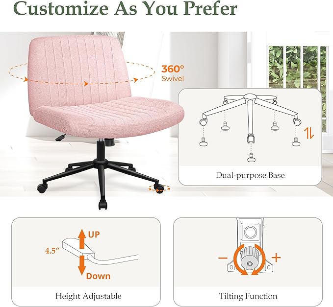 Orange Factory Criss Cross Chair Wheels Wide Cross Legged Office Desk Vanity Dual Base Comfy Fabric Armless Adjustable Swivel for Home Computer Task (Pink Dual Base, Fabric)