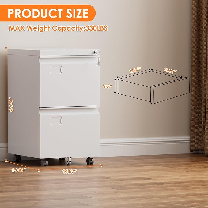 Reemoon File Cabinet 2 Drawer, Locking Filing Cabinet with Business Card Slot for Letter/Legal/F4/A4 Size Folders,Required Assembly,14.57" W x 17.36" D x 25.79" H,White