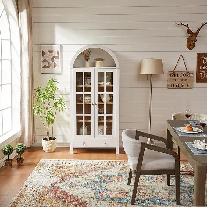 70" Tall Arched Cabinet, Modern Farmhouse Wooden Display Cabinet with Glass Doors, 6 Tier Bookshelf with Adjustable Shelves for Living Room, Office, Antique White