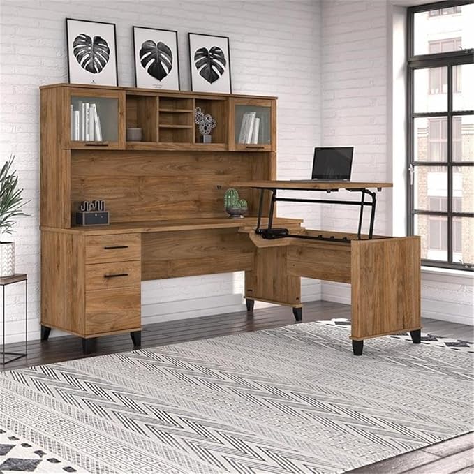Pemberly Row 72W Sit to Stand L Shaped Desk with Hutch, Fresh Walnut Finish, Engineered Wood, Adjustable Height, Frosted Glass Doors, File Drawer, Ergonomic Office Desk for Home or Workspace