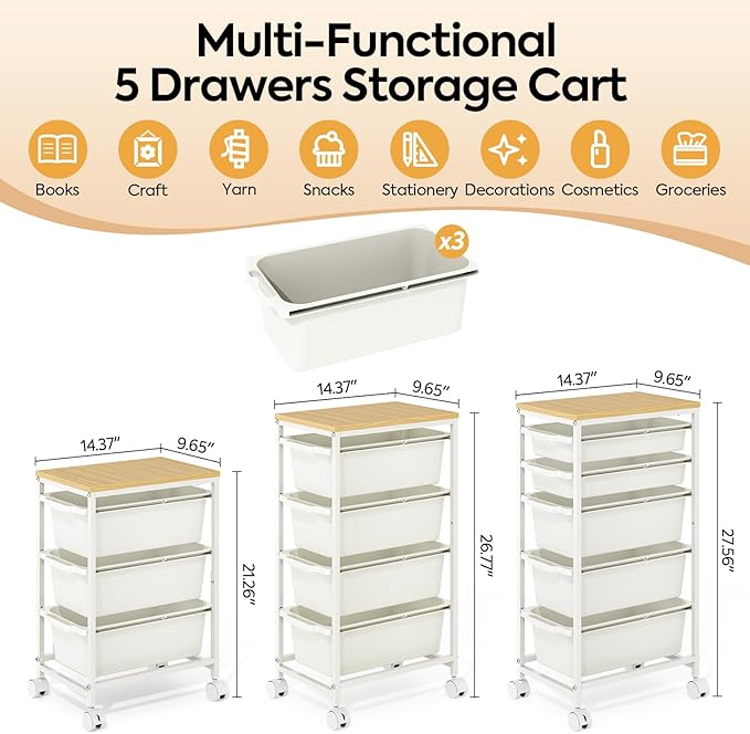 Rolling Storage Cart with 3 Drawers, Craft Organizer, Wooden Tabletop Utility Cart for Bedroom, Children's Room and Office Organization, Under Desk Trolley with Lockable Wheels,White