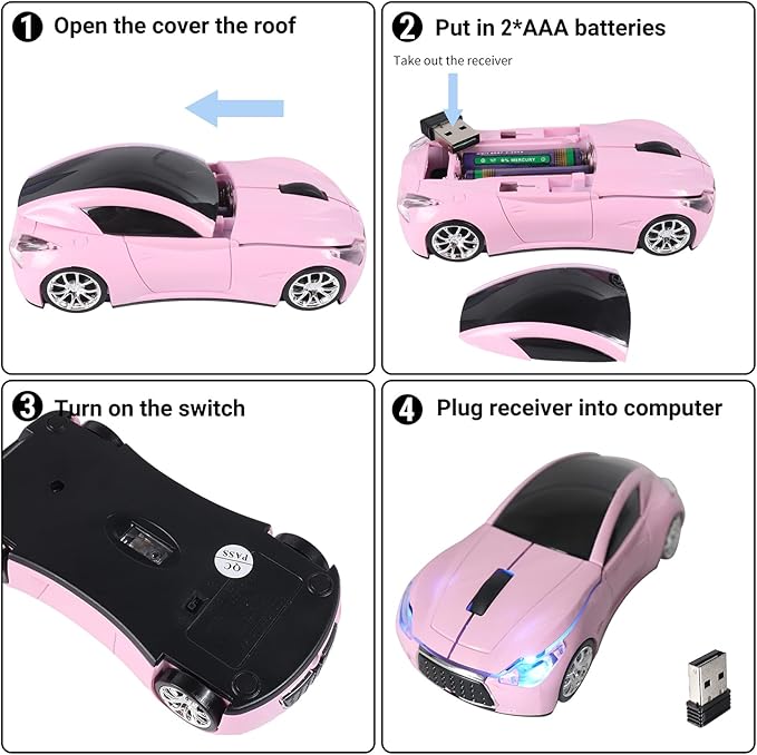 elec Space Wireless Mini Mouse with Case - Cute Sports Car Shape, Lightweight & Portable, 10m Range, Plug and Play (Pink)