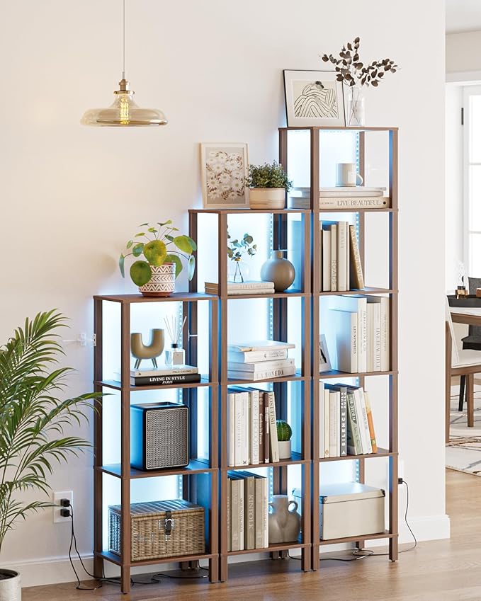 Open Book Shelf with LED Lights, 6 Tier Tall Bookshelf, Freestanding Shelf Narrow Bookcase with Open Shelves, 14.57" x 10.63" x 65.83", Book Shelves for Living Room, Office, Study, Walnut