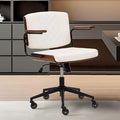 Home Office Desk Chair with Rubber Wheels, Adjustable Height Office Chair with Arms, Leather Mid Back 360° Small Computer Chair, Modern Walnut Chair for Office, Reading Meeting Room (White)