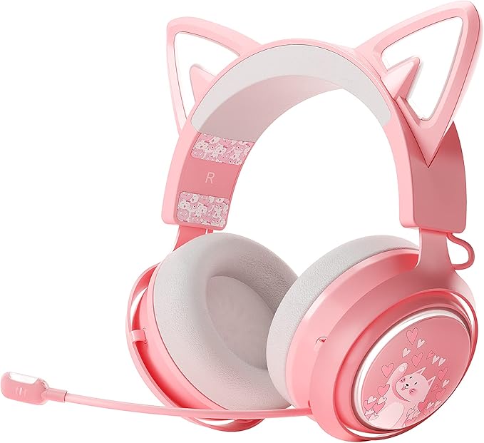 EASARS Wireless Cat Ear Headphones, Pink Gaming Headset Bluetooth 5.0 for Smartphone, Retractable Mic, 50mm Drivers, RGB Lighting Headset with Mic (USB Dongle Not Included)