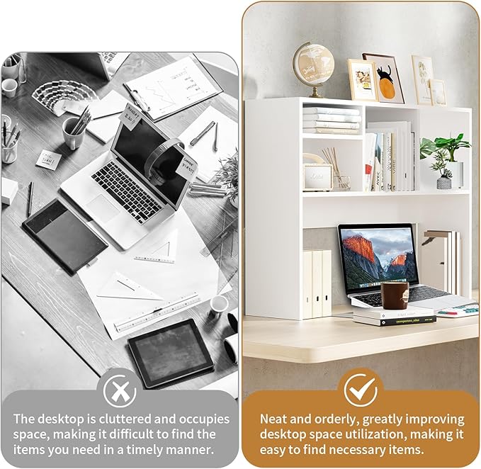 AQQHSAIN Desktop Bookshelf Wooden Desktop Hutch Storage Organizer Multipurpose Tabletop Display Rack with 4 Shelves for Computer Desk Hutch for College Dorm Office Home (White)