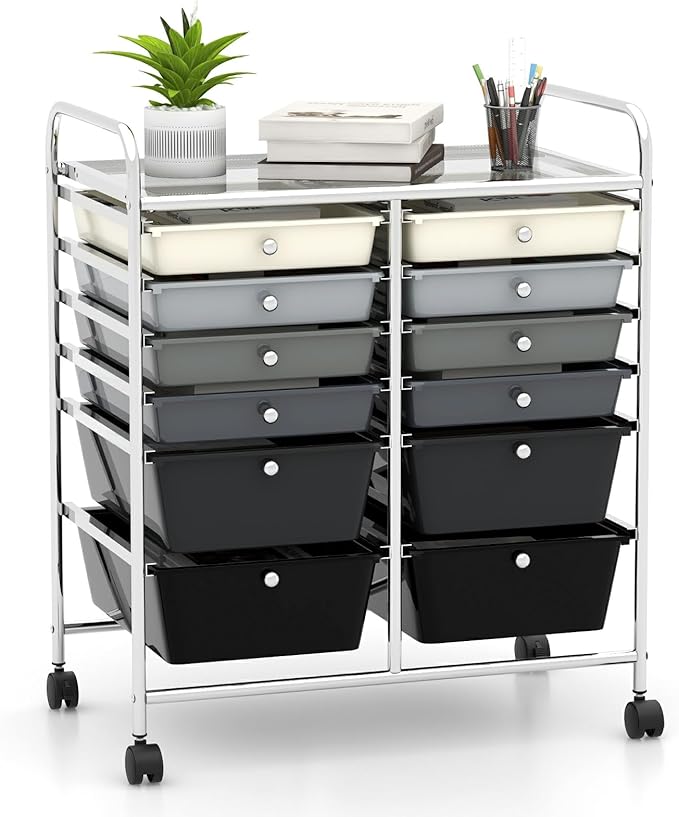 Moccha 12-Drawer Rolling Storage Cart - Utility Cart on Wheels with Lockable Casters for Craft Art Supply Paper Salon, Mobile Drawer Carts for Classroom Teacher School Office (Gradient Grey)