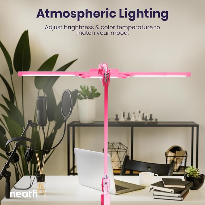 Neatfi LED Desk Lamp | 3,000 Lumens | Dimmable 30W Desk Light | 360 SMD LEDs | CRI 95 | Adjustable Color Temperature | Task Lamp for Home, Office, or Workbench (Pink, 41-Inch, CCT with Clamp)