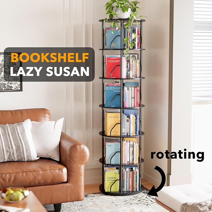 SpaceAid 6 Tier Rotating Bookshelf Tower, 360 Display Stackable Spinning Bookcase, Space Saving Revolving Round Book Shelf, Floor Standing Swivel Corner Organizer, Black