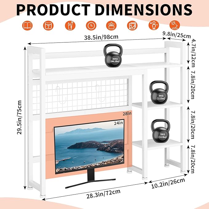 Desktop Shelf, 38.5'' Desktop Organizer Shelf for Computer Monitor, 4 Tier Hutch Storage Rack for Home Office Dorm, White