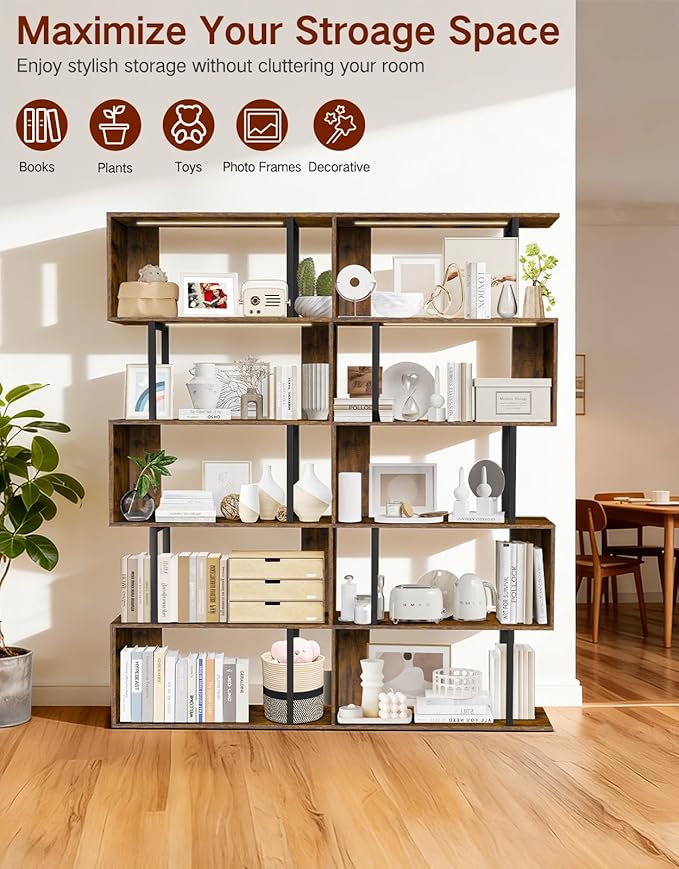 6 Tier S-Shaped Geometric Bookcase with LED Light, Touch & Remote Control, Wide Tall Freestanding Display Shelf, Industrial Storage Cabinet for Living Room, Bedroom, Office