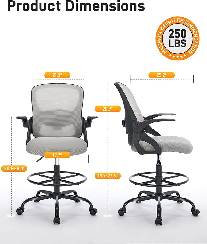 LukkDys Drafting Chair with 4D Multi-Adjustable Backrest, Tall Office Chair 19.7"-27.6" Seat Height, Ergonomic Standing Desk Chair with Flip-up Arms, Foot Ring, Grey&Black