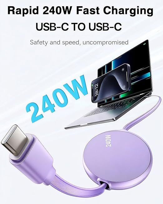 240W USB C to USB C Cable(Purple), Retractable USB c Cable Fast Charger, Short Type-C Charging Cord for iPhone 17/17 Air/16 Pro Max/15 Plus/Samsung Galaxy Z Flip 6 5 4/Google 10 Travelling Essentials