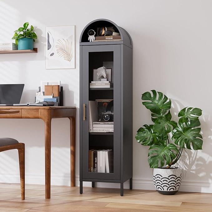 Aobabo 63“H Metal Arched Display Cabinet with Glass Door,Arched Bokcase with 2 Adjustable Shelves for Home Office,Assembly Required, Black