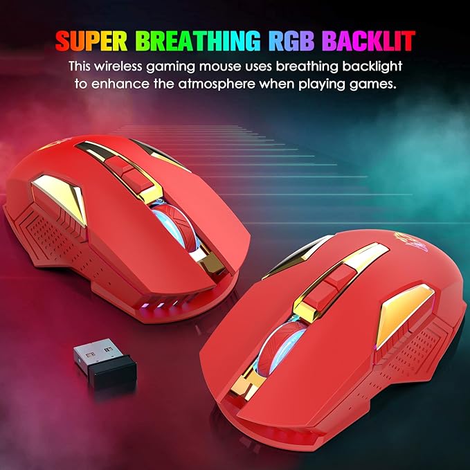 FELICON Wireless Gaming Mouse Rechargeable with Rainbow RGB Backlit,Optical Sensor 3 Level DPI,Ergonomic Gamer Laptop High Performance PC Mice with 8 Buttons for Windows 7/8/10/XP Vista（Red）