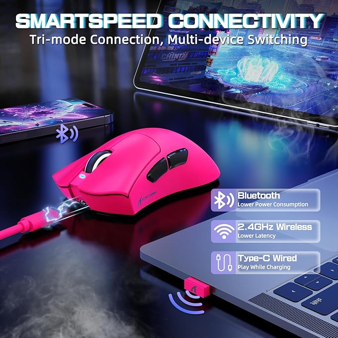 ATTACK SHARK V3 Pro Wireless Esports Gaming Mouse with Magnetic Charging Dock:62g Lightweight-1K Polling-25K DPI-PAW3311 Sensor,Wired/BT/2.4Ghz Programmable,BK52820 IC for PC Mac Win Gamer(Berry Red)